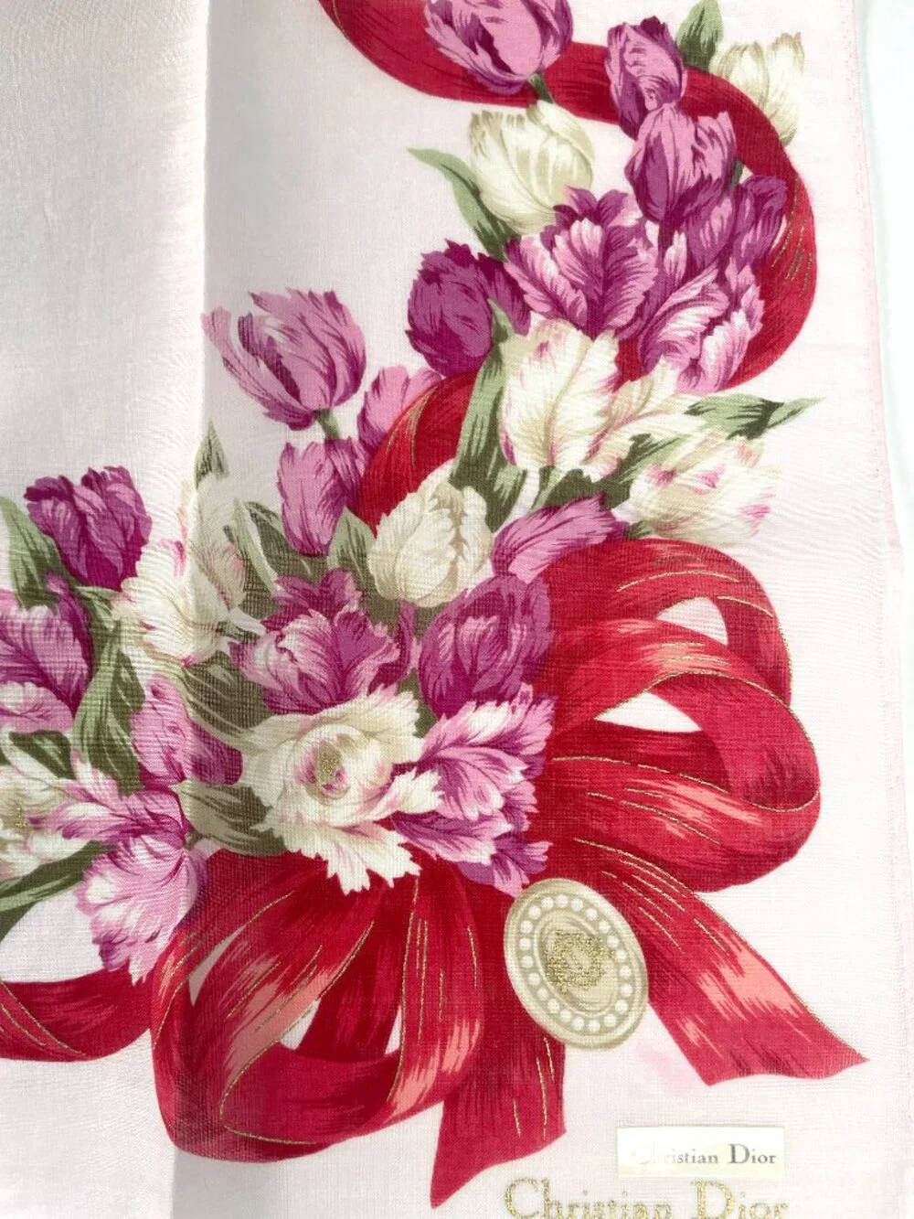 Vintage Christian Dior Floral Cotton Scarf NWT Pink Tulips